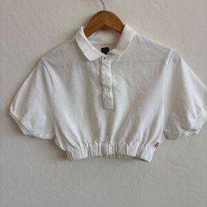 BDG Caleb White Cropped Polo 🤍 Cinched Hem Preppy Streetwear XS